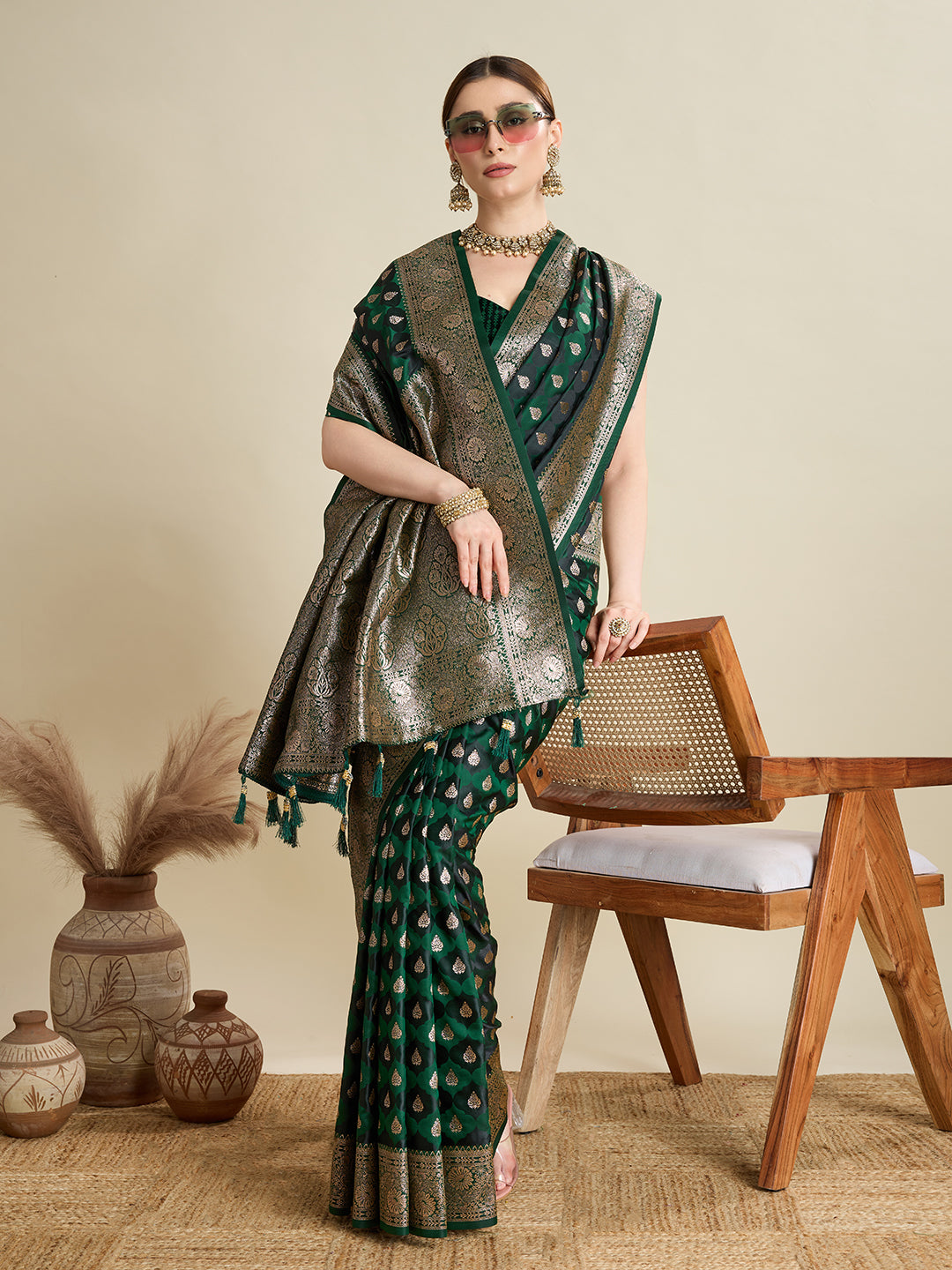 Green Satin Silk Woven Jari Designer Graceful Ethnic Saree