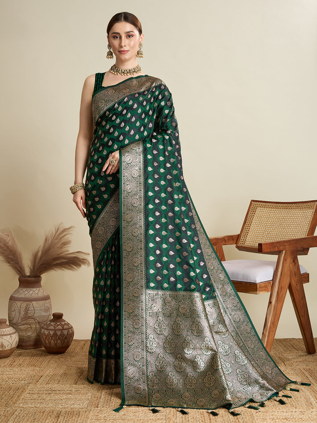 Green Satin Silk Woven Jari Designer Graceful Ethnic Saree