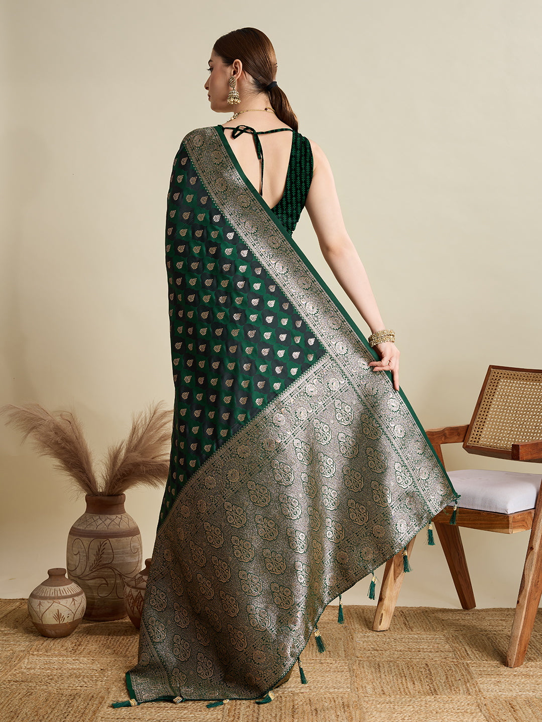 Green Satin Silk Woven Jari Designer Graceful Ethnic Saree