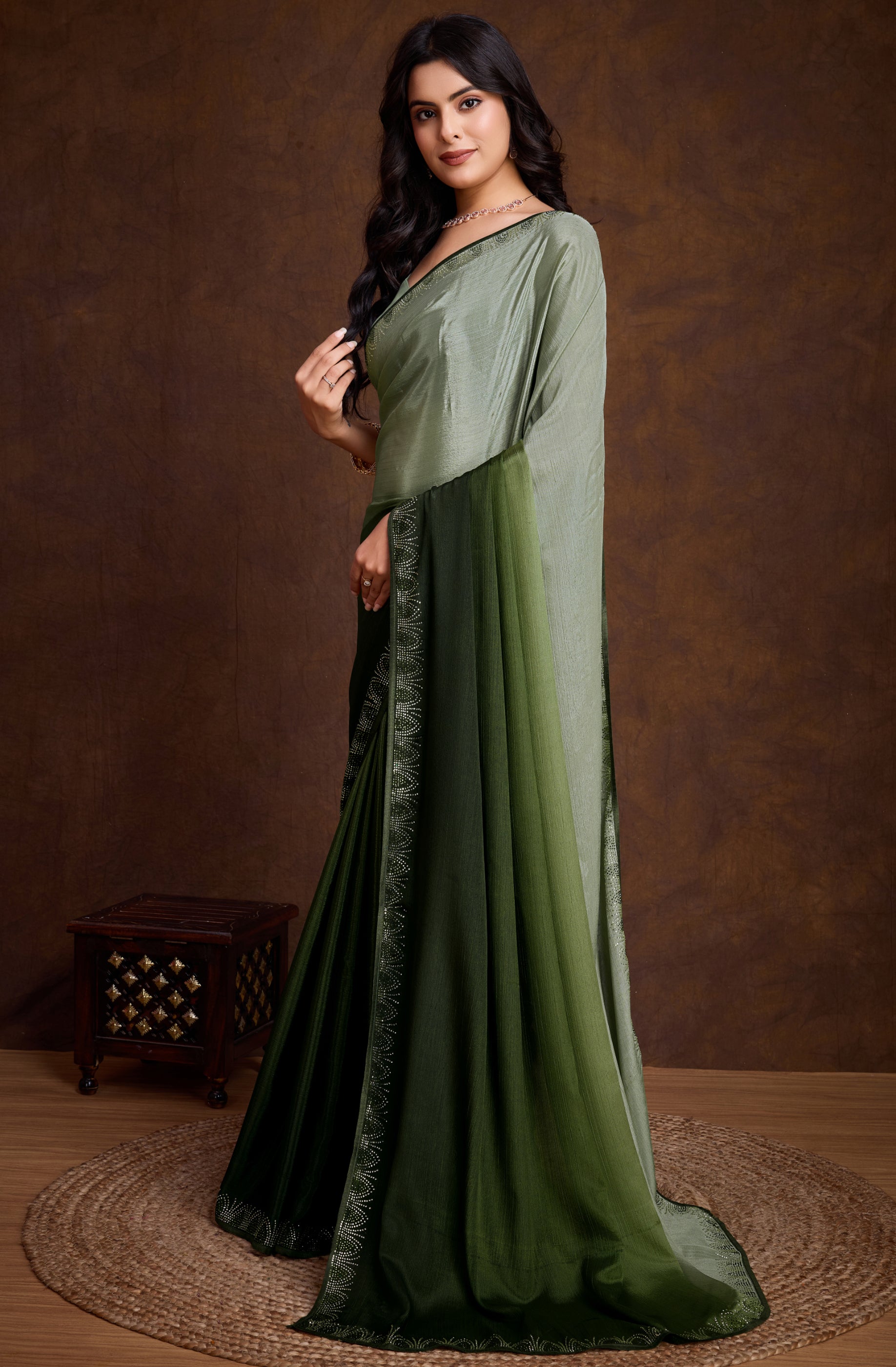 Green Shaded Chinon Saree with Elegant Swarovski Border Work