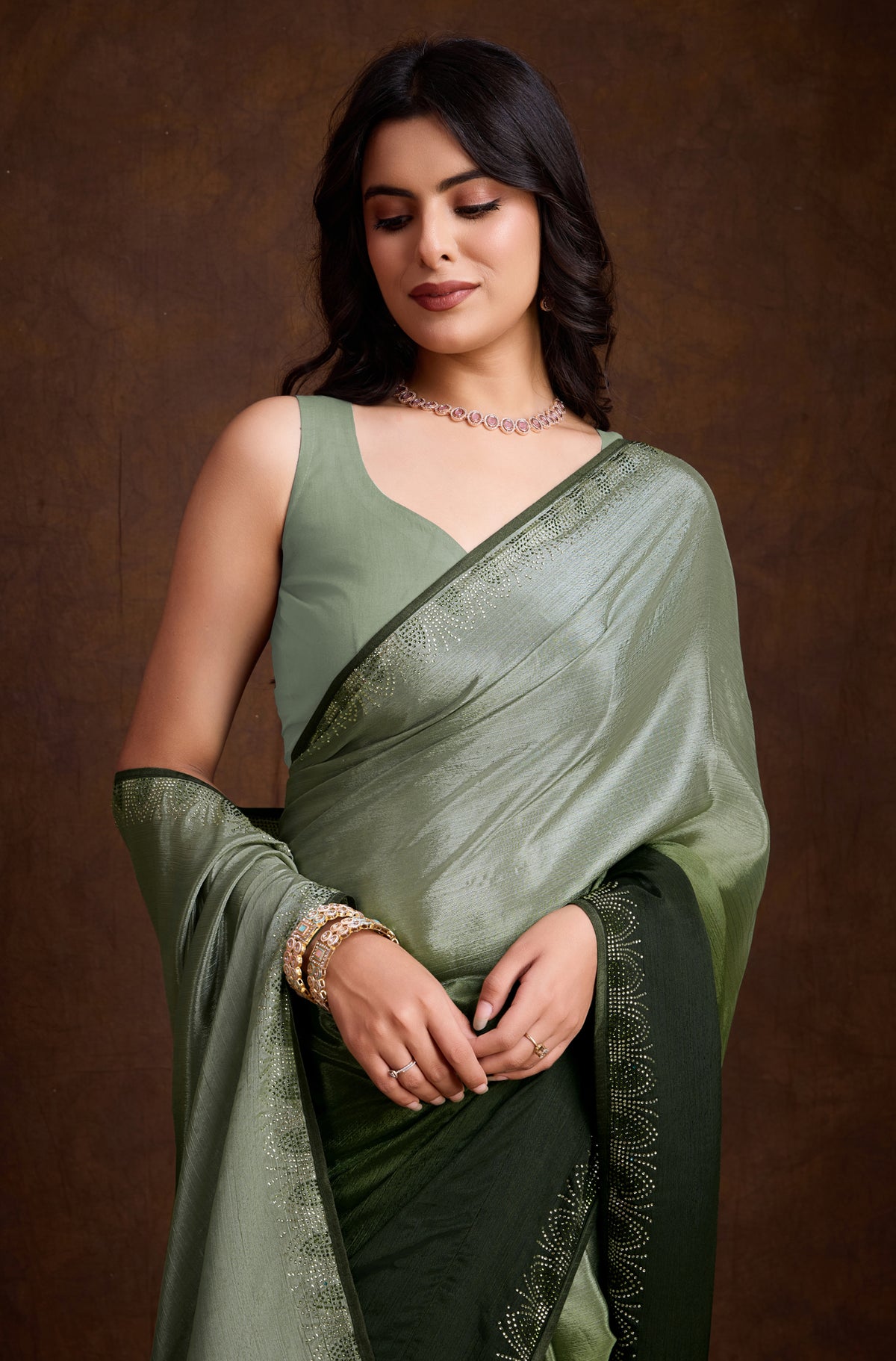 Green Shaded Chinon Saree with Elegant Swarovski Border Work
