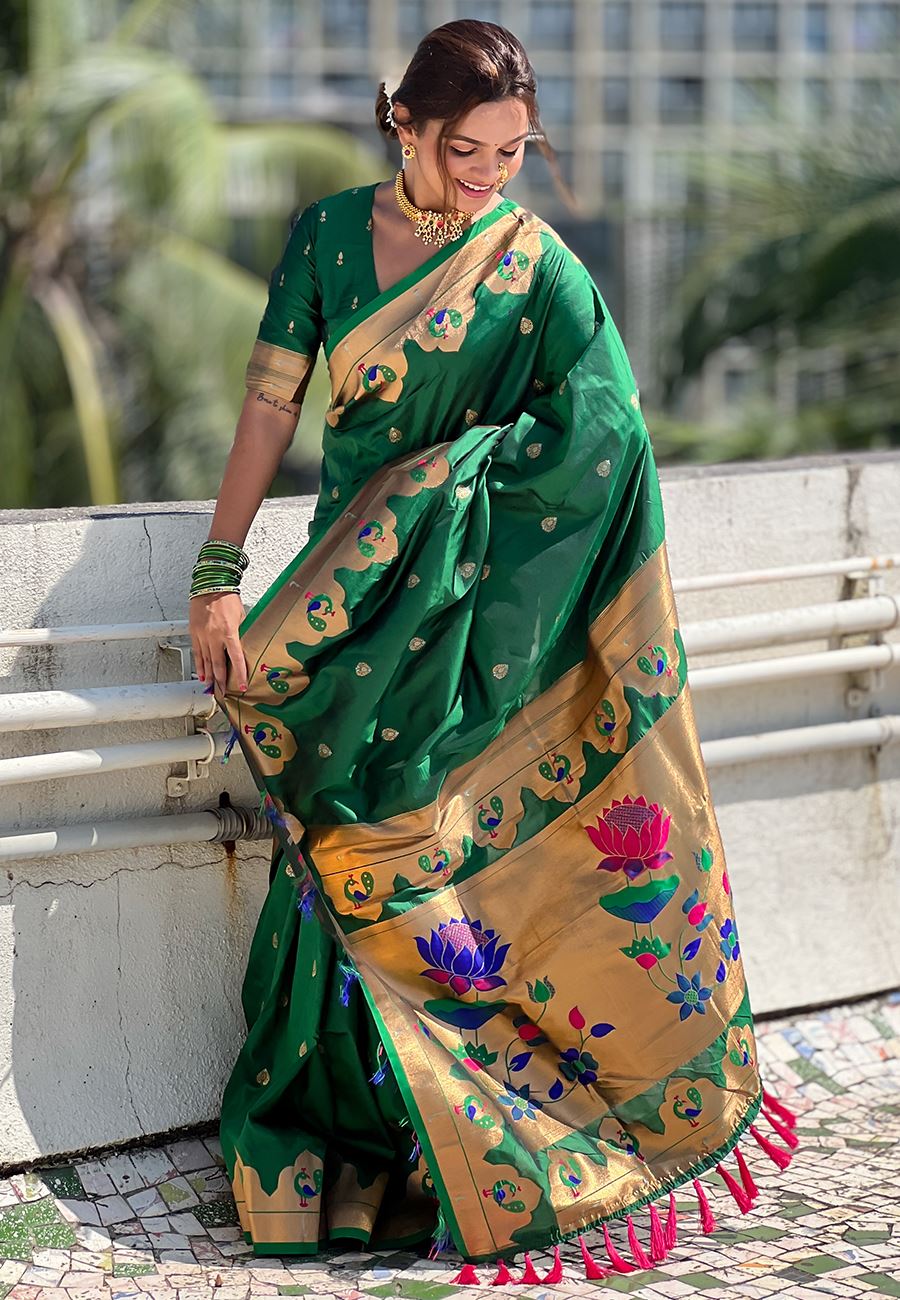 Green Silk Blend Paithani Saree