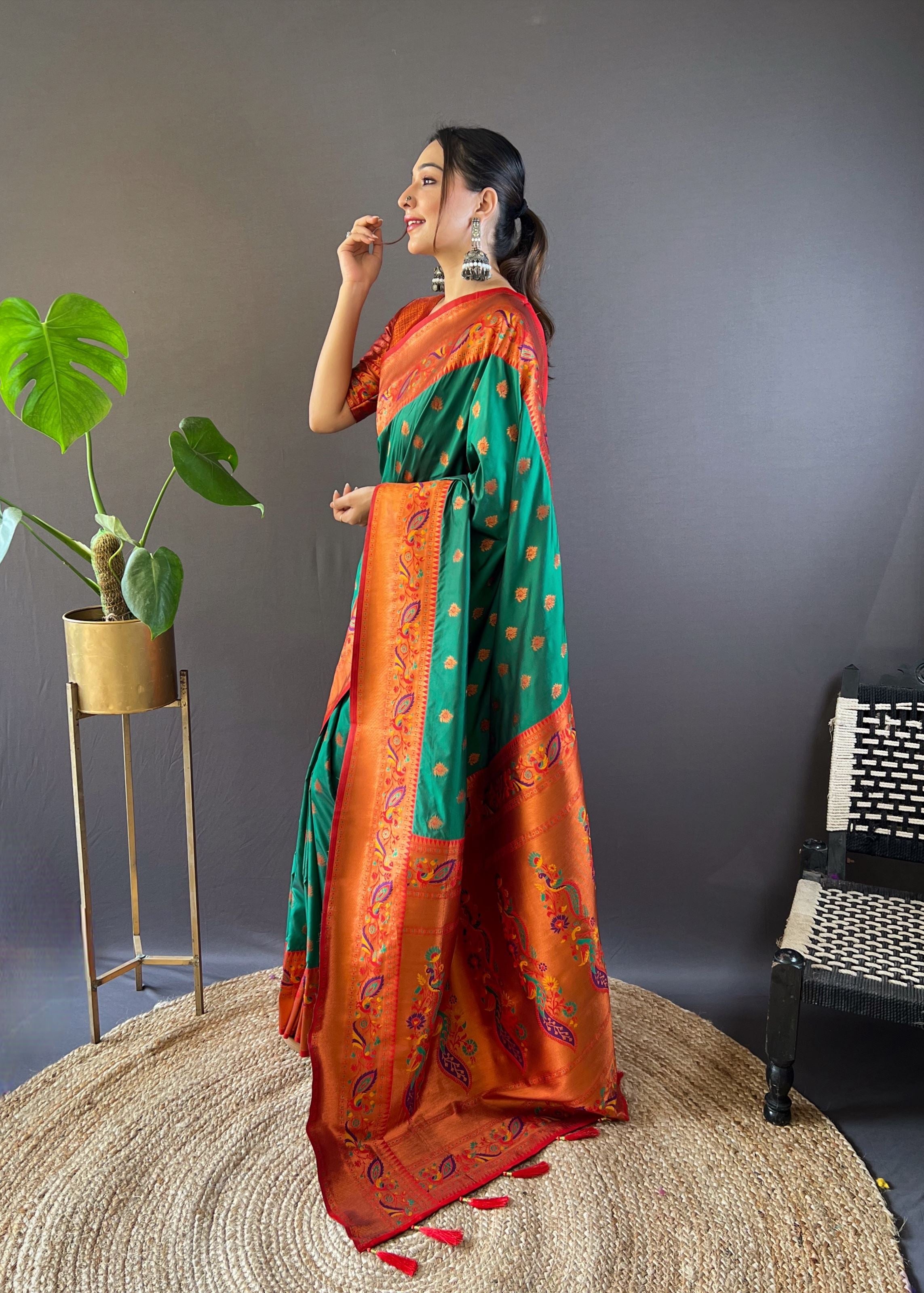 Green Silk Blend Paithani Saree
