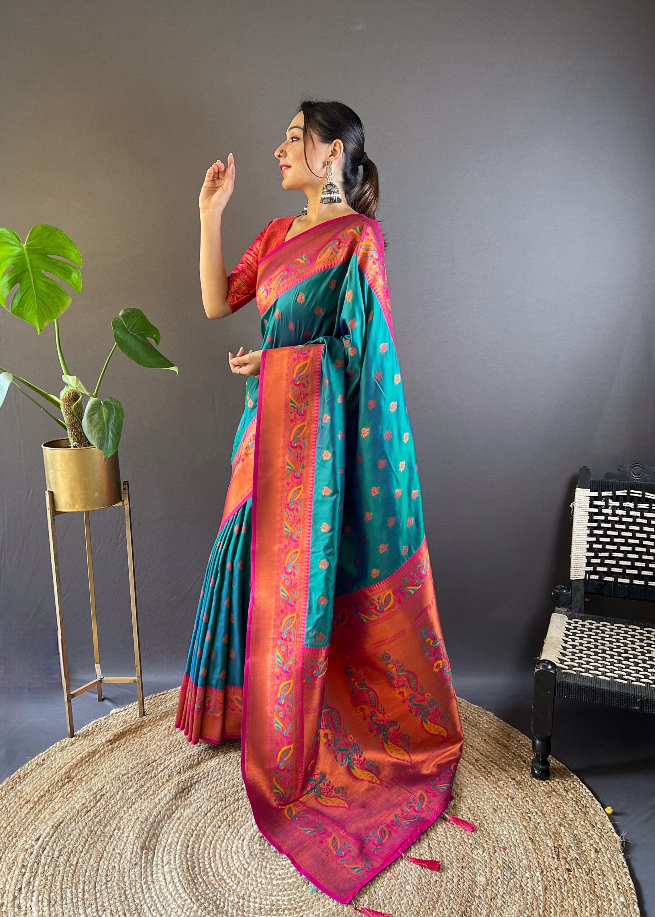 Green Silk Blend Paithani Saree