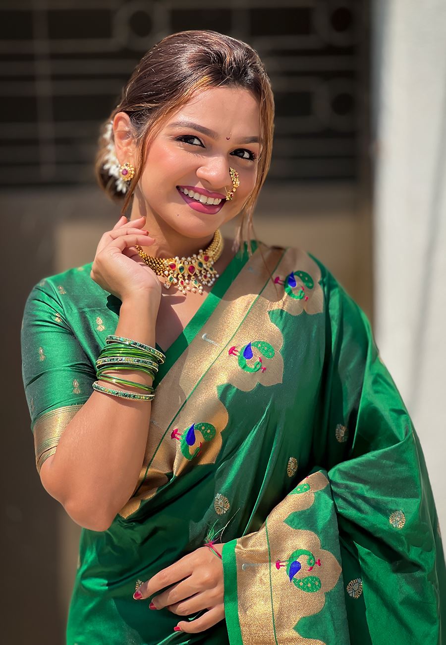Green Silk Blend Paithani Saree