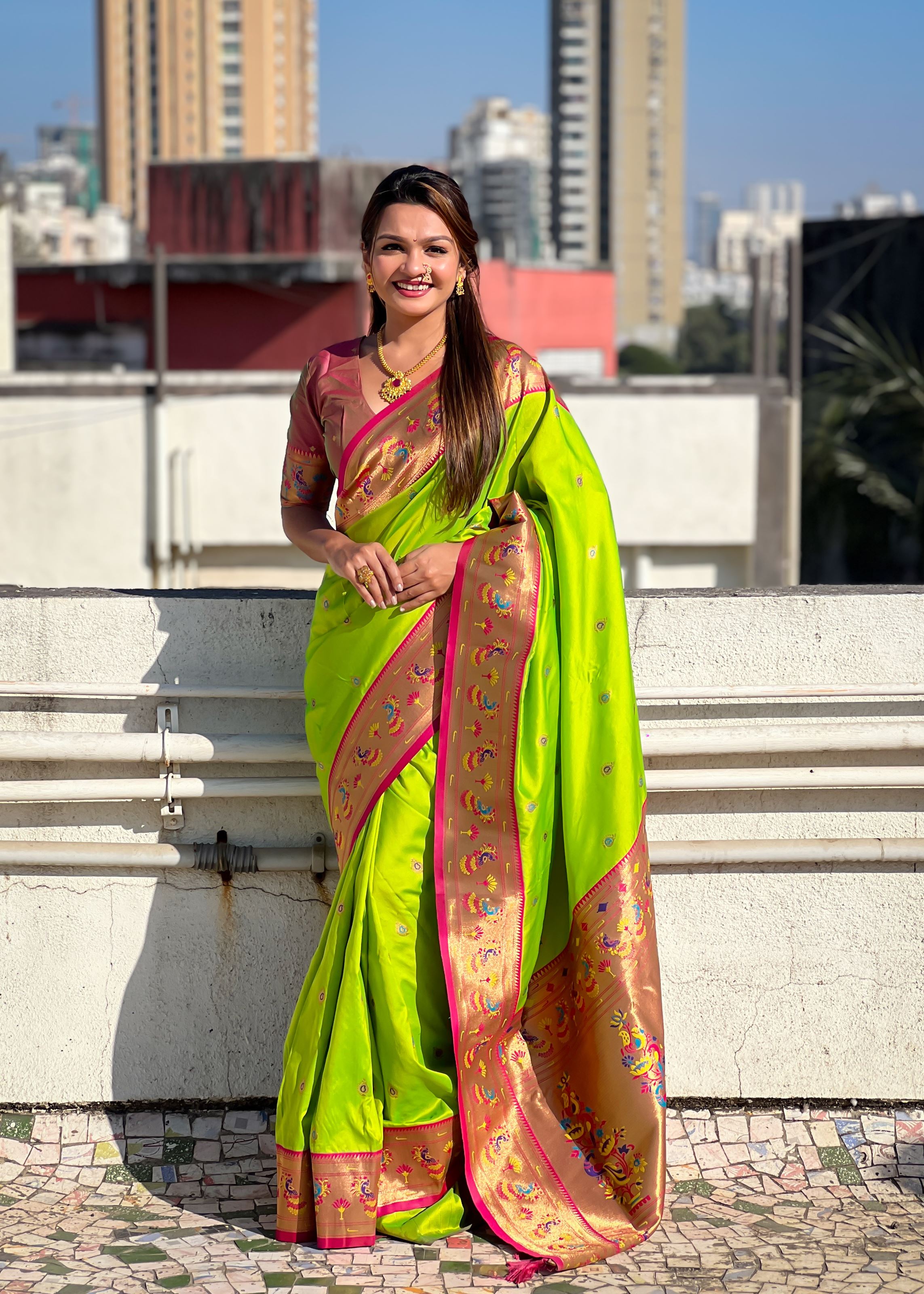 Green Silk Blend Paithani Saree
