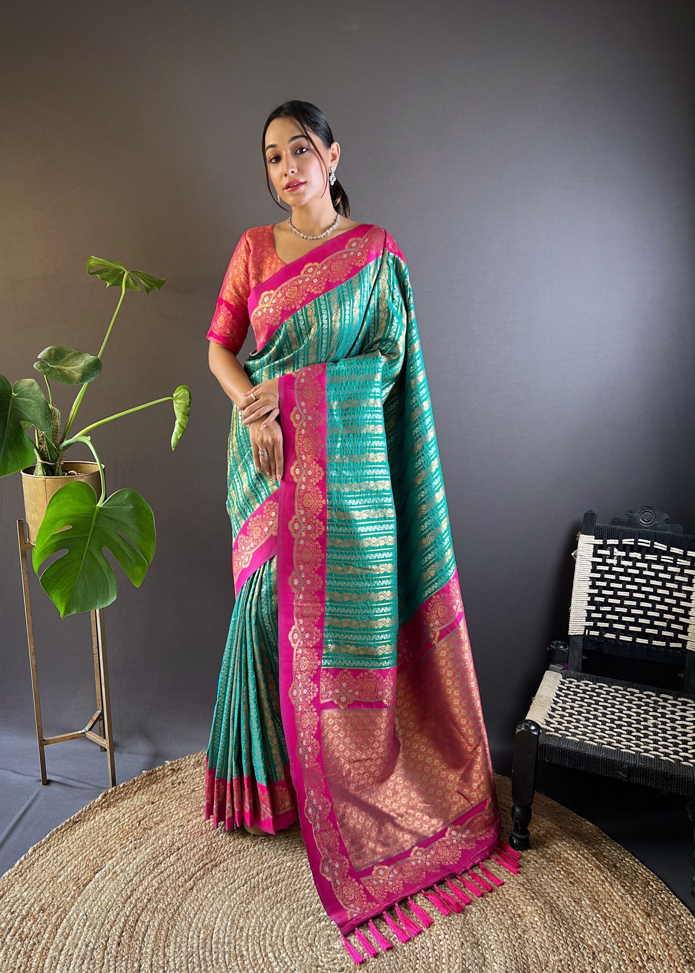 Green Silk Blend Saree With Zari and Woven Work