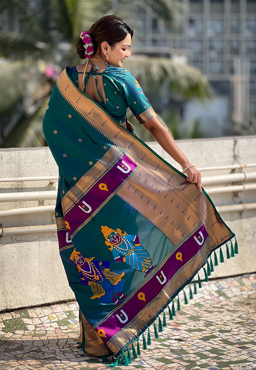 Green Silk Blend Vitthala God Paithani Silk Saree