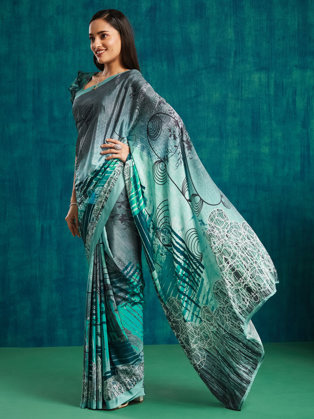 Green Silk Crepe Designer Printed Ready To Wear Saree