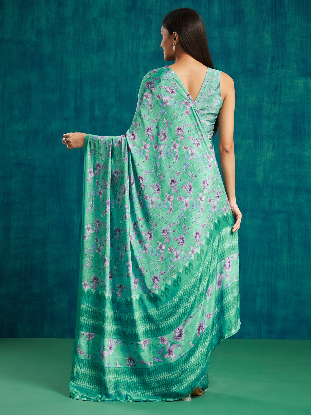 Green Silk Crepe Designer Printed Ready To Wear Saree