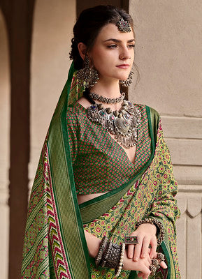 Green Silk Saree With Ajrakh Print