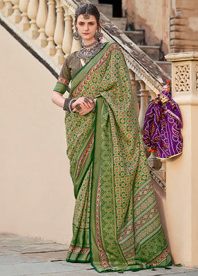 Green Silk Saree With Ajrakh Print