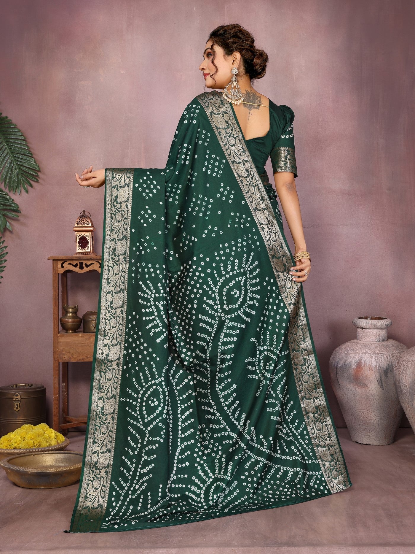 Green Silk Saree With Bandhej And Zari Weaving