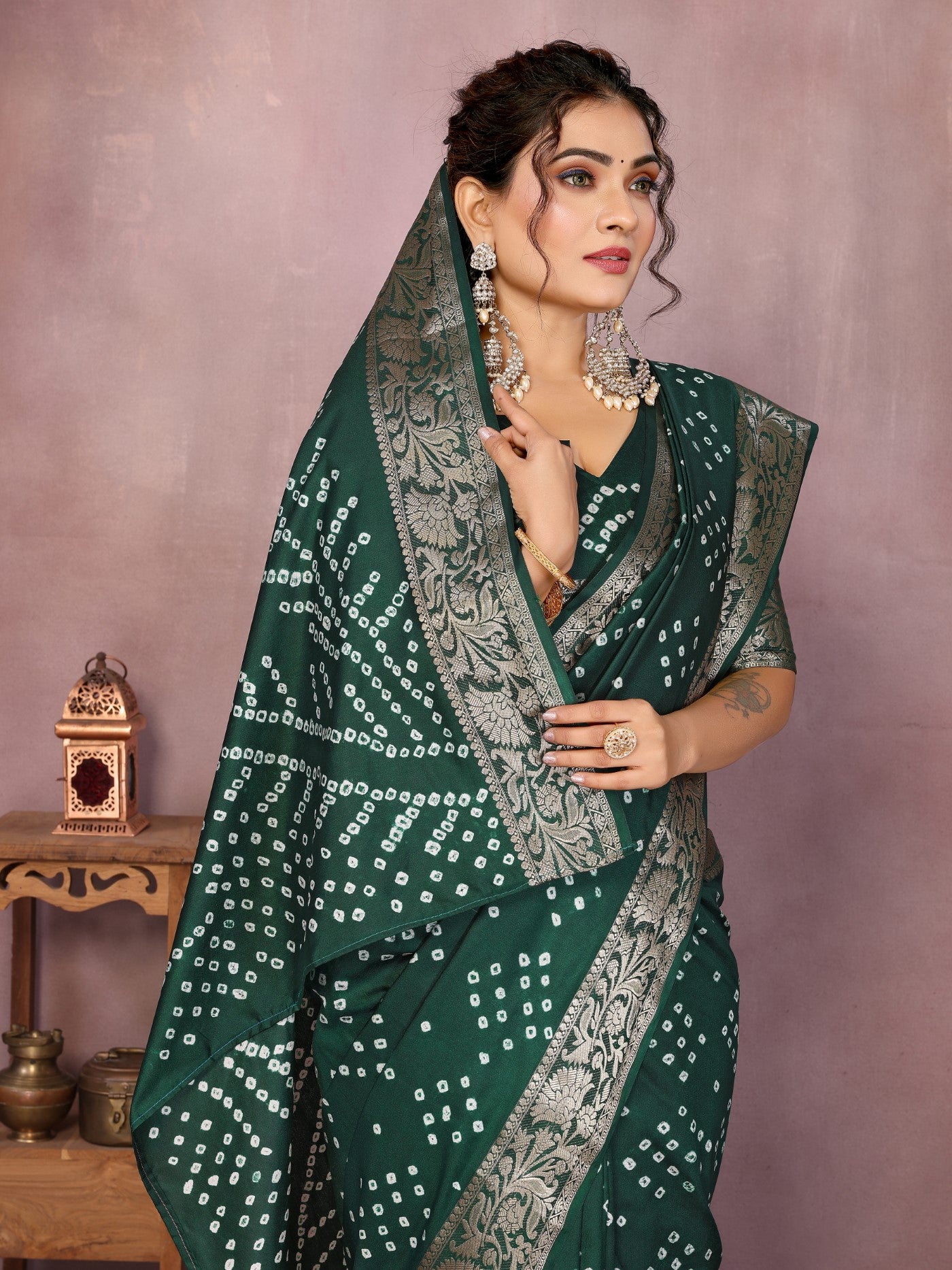 Green Silk Saree With Bandhej And Zari Weaving