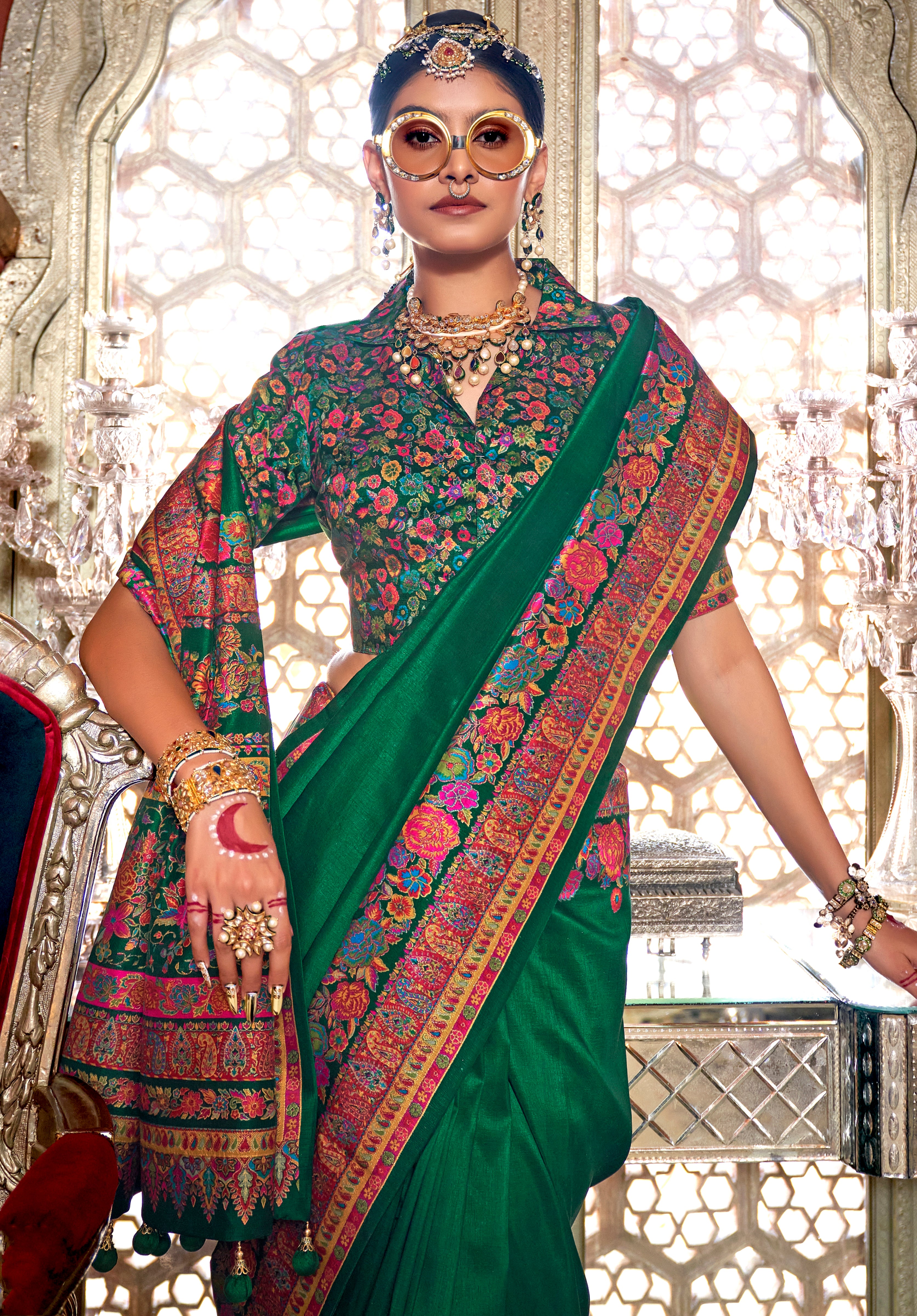 Green Silk Saree With Floral Print