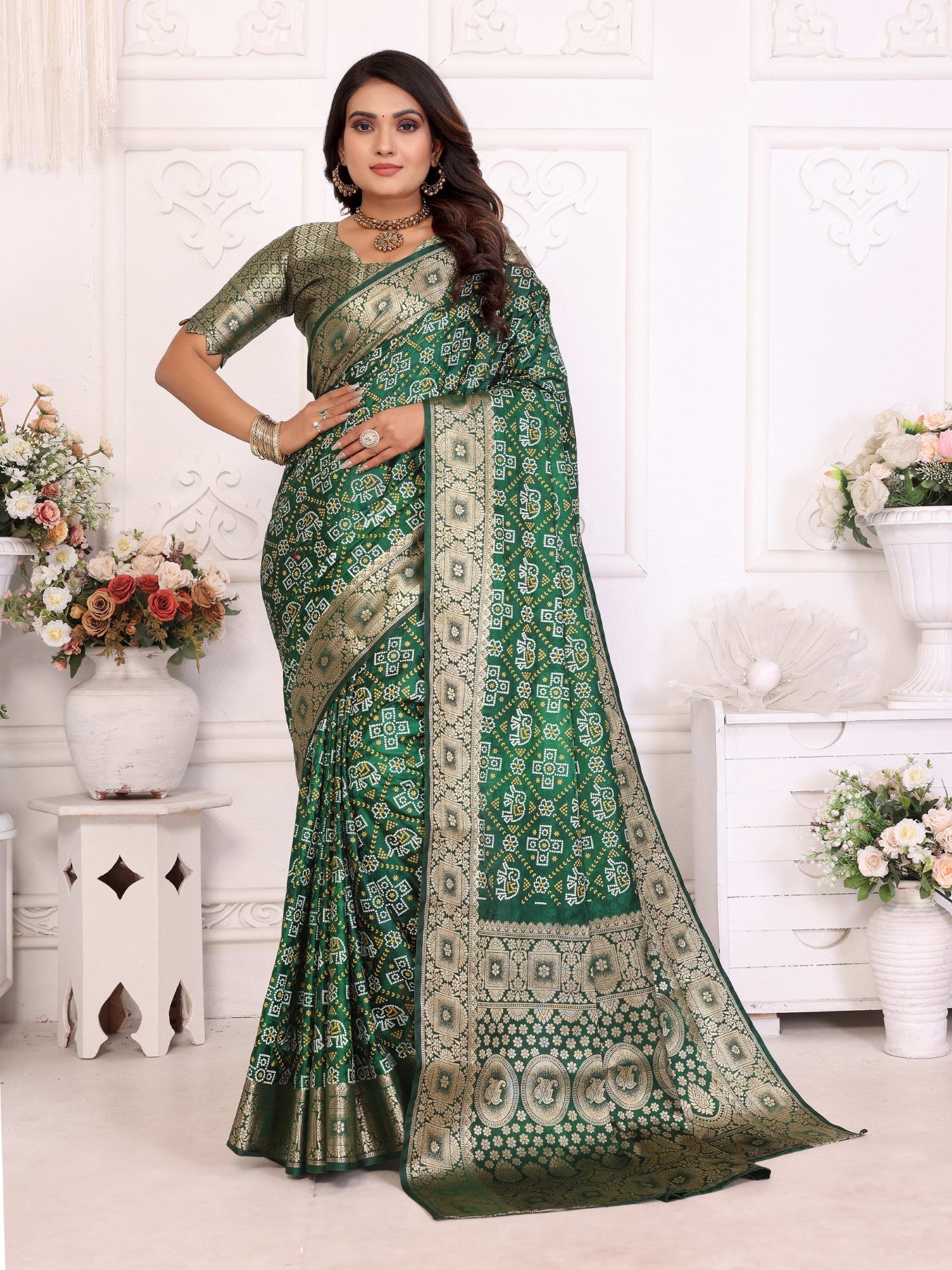 Green Soft Satin Silk Saree With Allover Zari Weaving