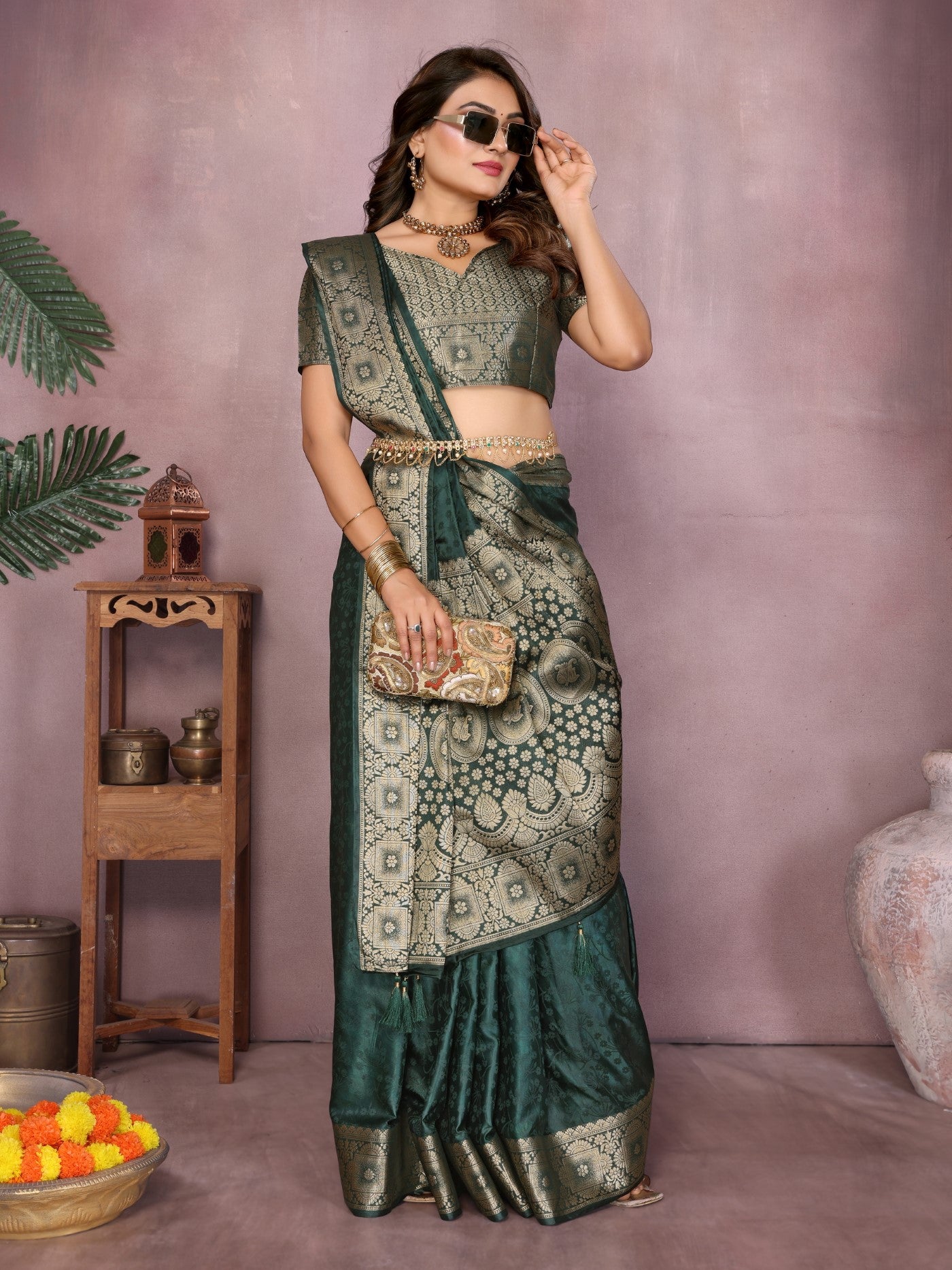 Green Soft Satin Silk Saree With Elegant Zari Weaving