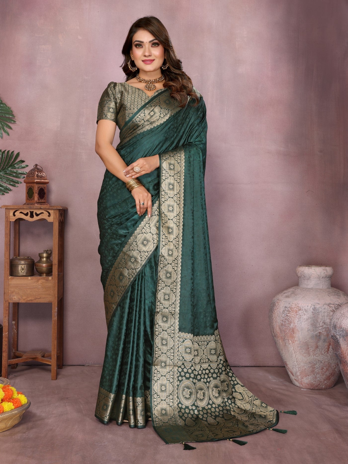 Green Soft Satin Silk Saree With Elegant Zari Weaving