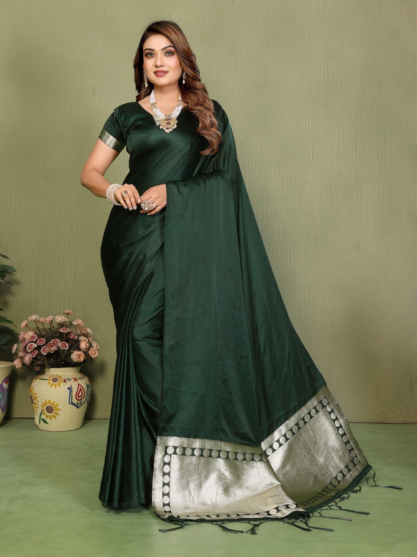 Green Soft Satin Silk Saree With Traditional Zari Weaving