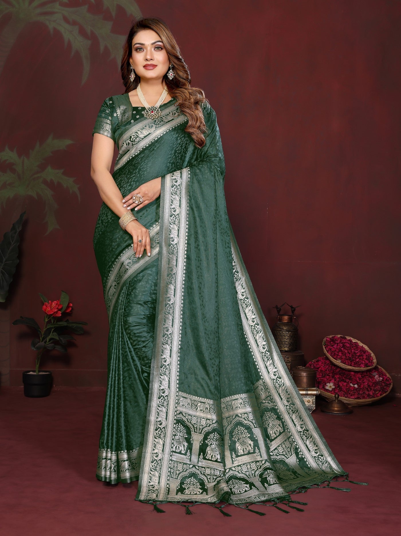 Green Soft Satin Silk Saree With Zari Weaving