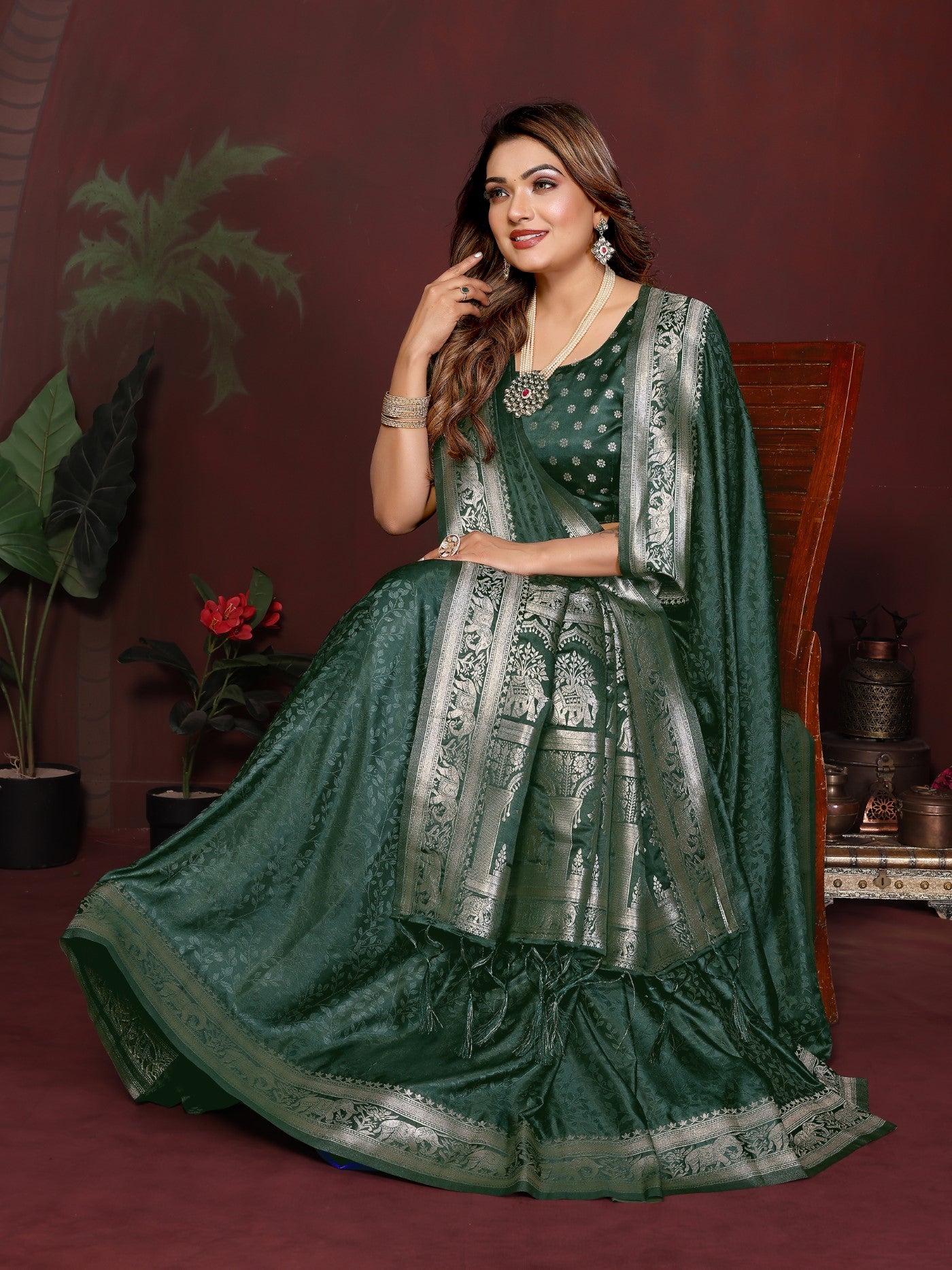 Green Soft Satin Silk Saree With Zari Weaving