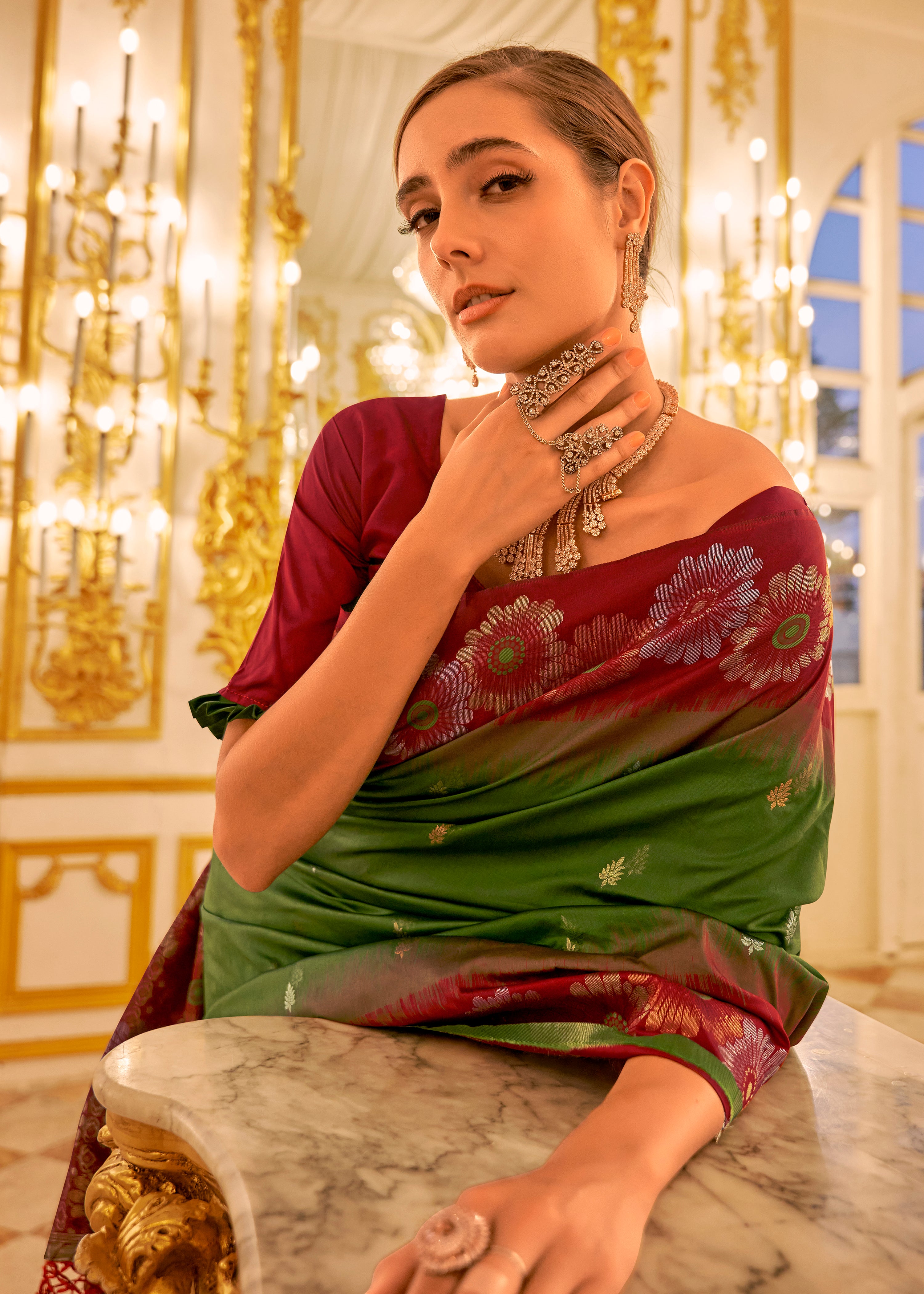 Green Soft Silk Saree With Jacquard Woven Work