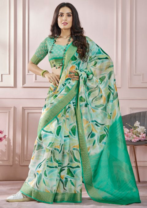Green Soft Silk Saree With Printed