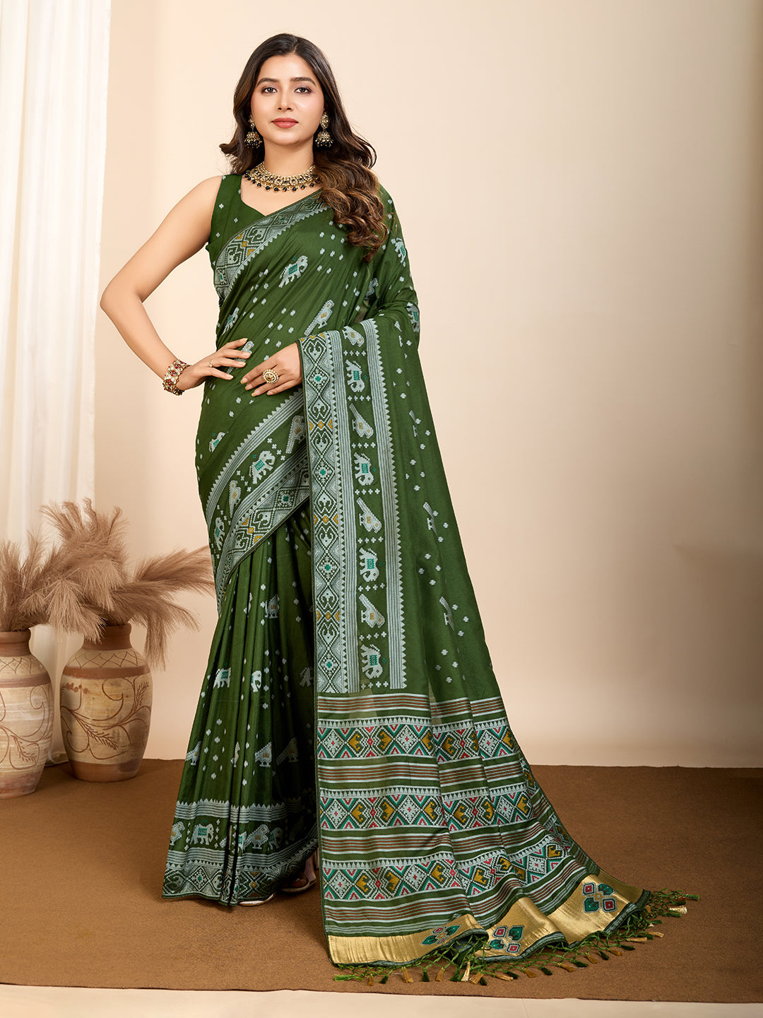 Green Soft Silk Woven Meenakari Designer Ceremonial Saree