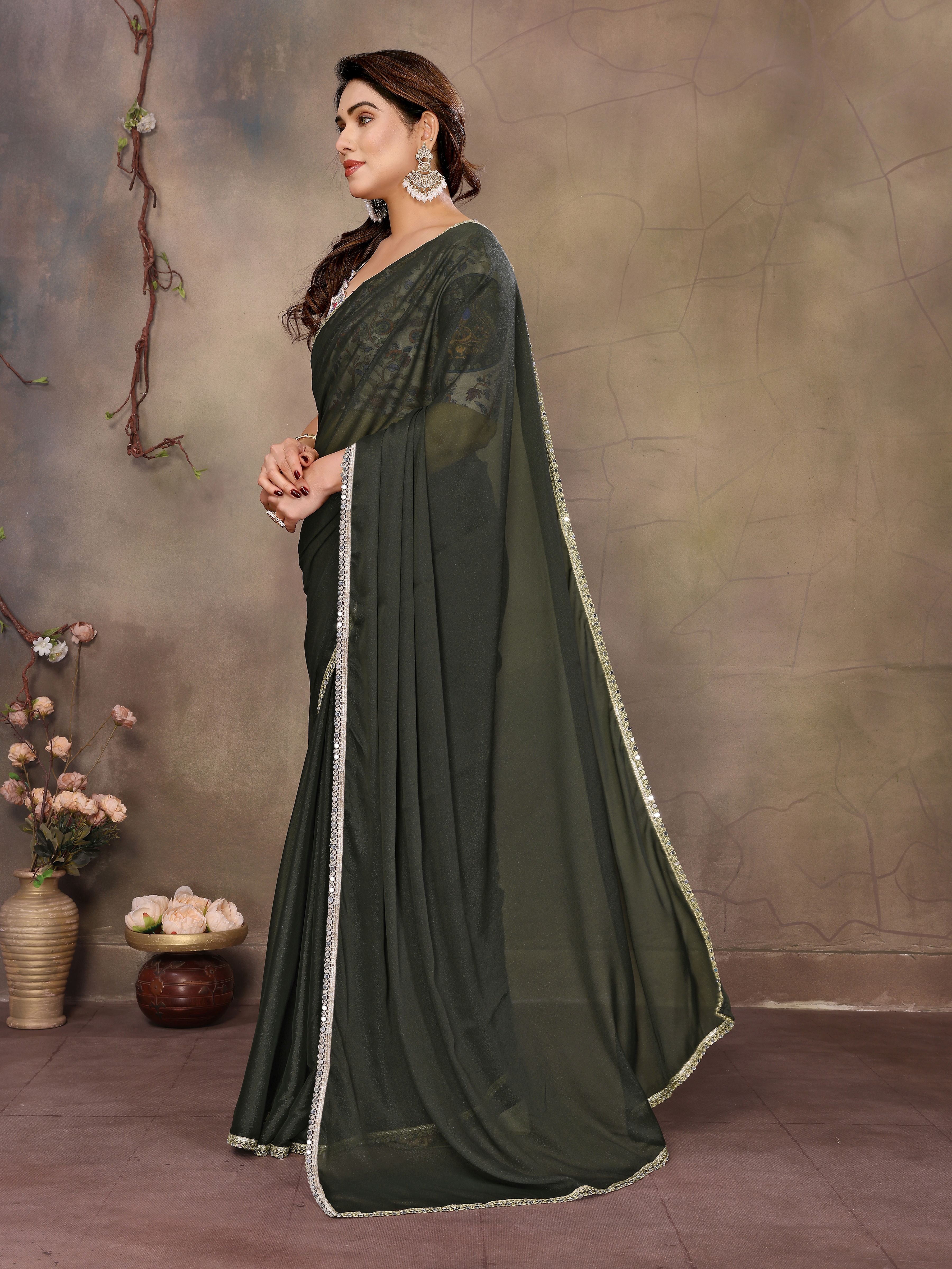 Green Solid Fancy Ethnic Saree For Ceremonial Girlie Looks