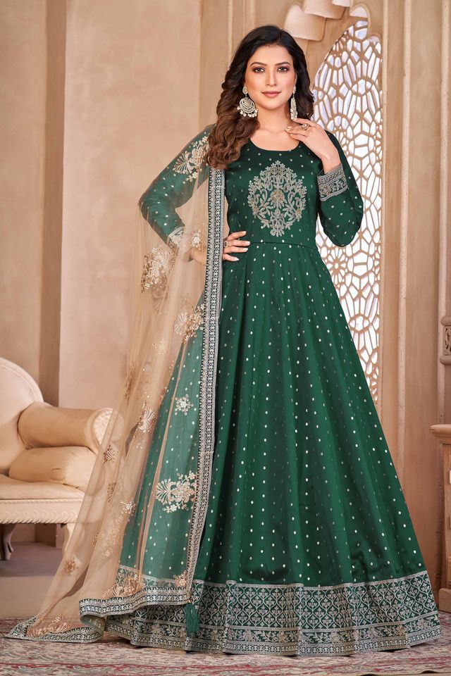 Green Taffeta Butti Heavy Thread Embroidery Sequins Work Anarkali Suits