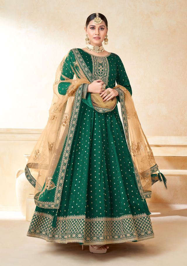 Green Taffeta Butti Heavy Thread Embroidery, Zari With Sequins Work Anarkali Suits