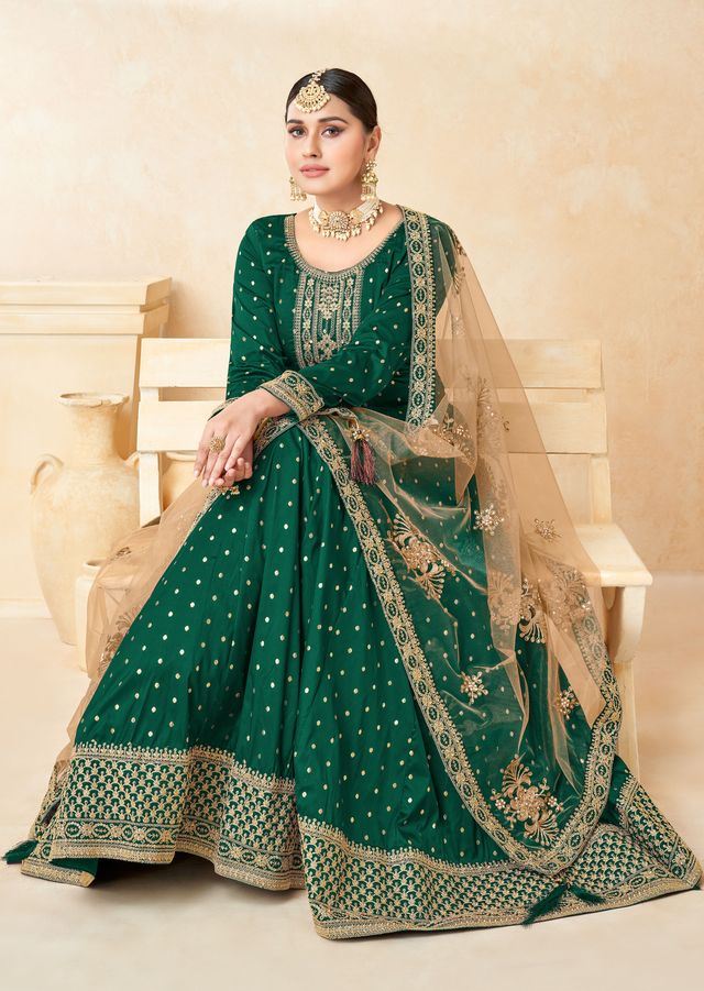 Green Taffeta Butti Heavy Thread Embroidery, Zari With Sequins Work Anarkali Suits