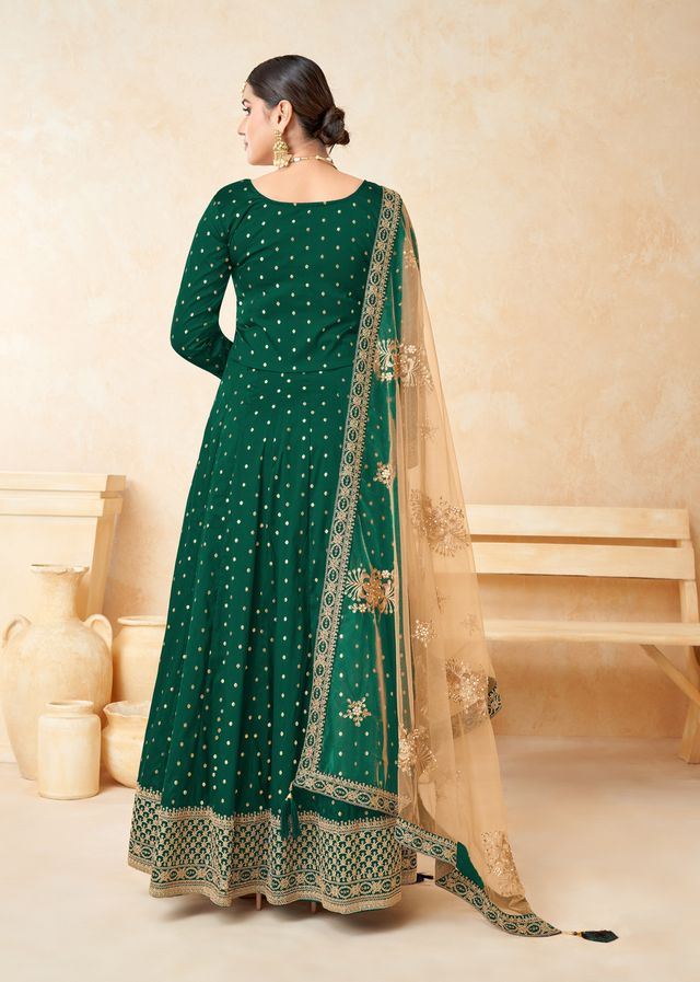 Green Taffeta Butti Heavy Thread Embroidery, Zari With Sequins Work Anarkali Suits