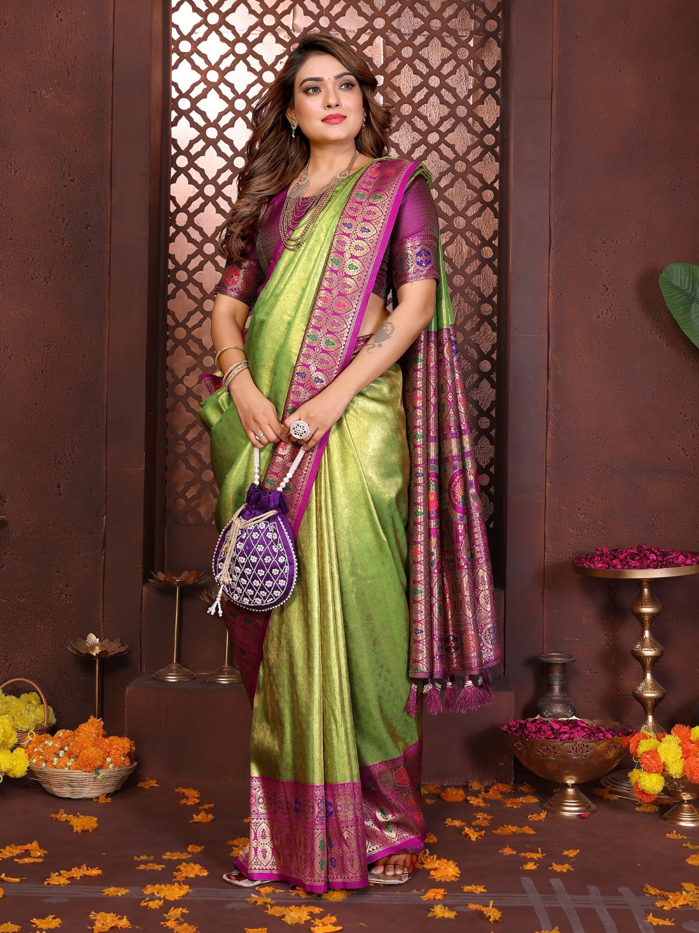 Green Tissue Silk Saree With Classic Weaving