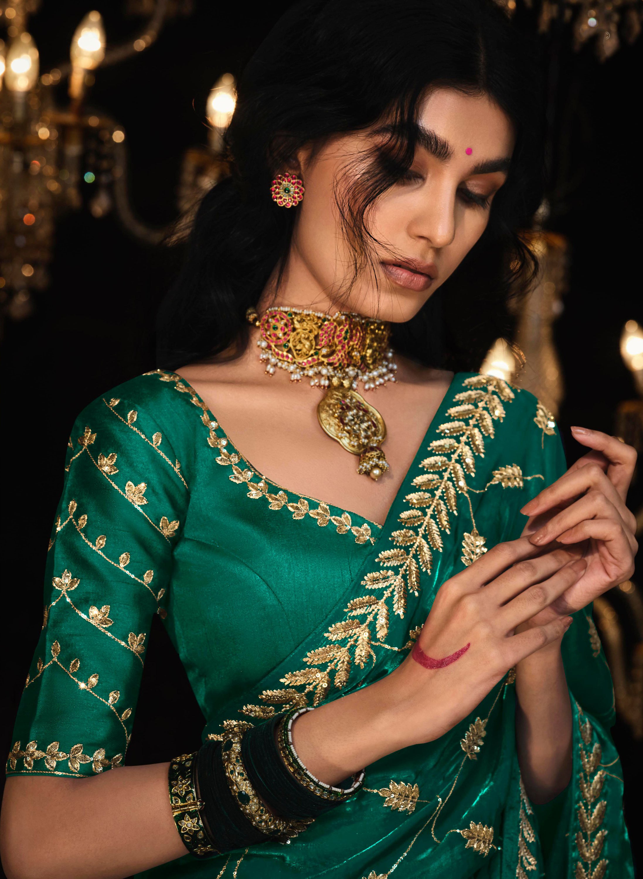 Green Tissue Silk Saree With Heavy Thread and Zari Embroidered Work