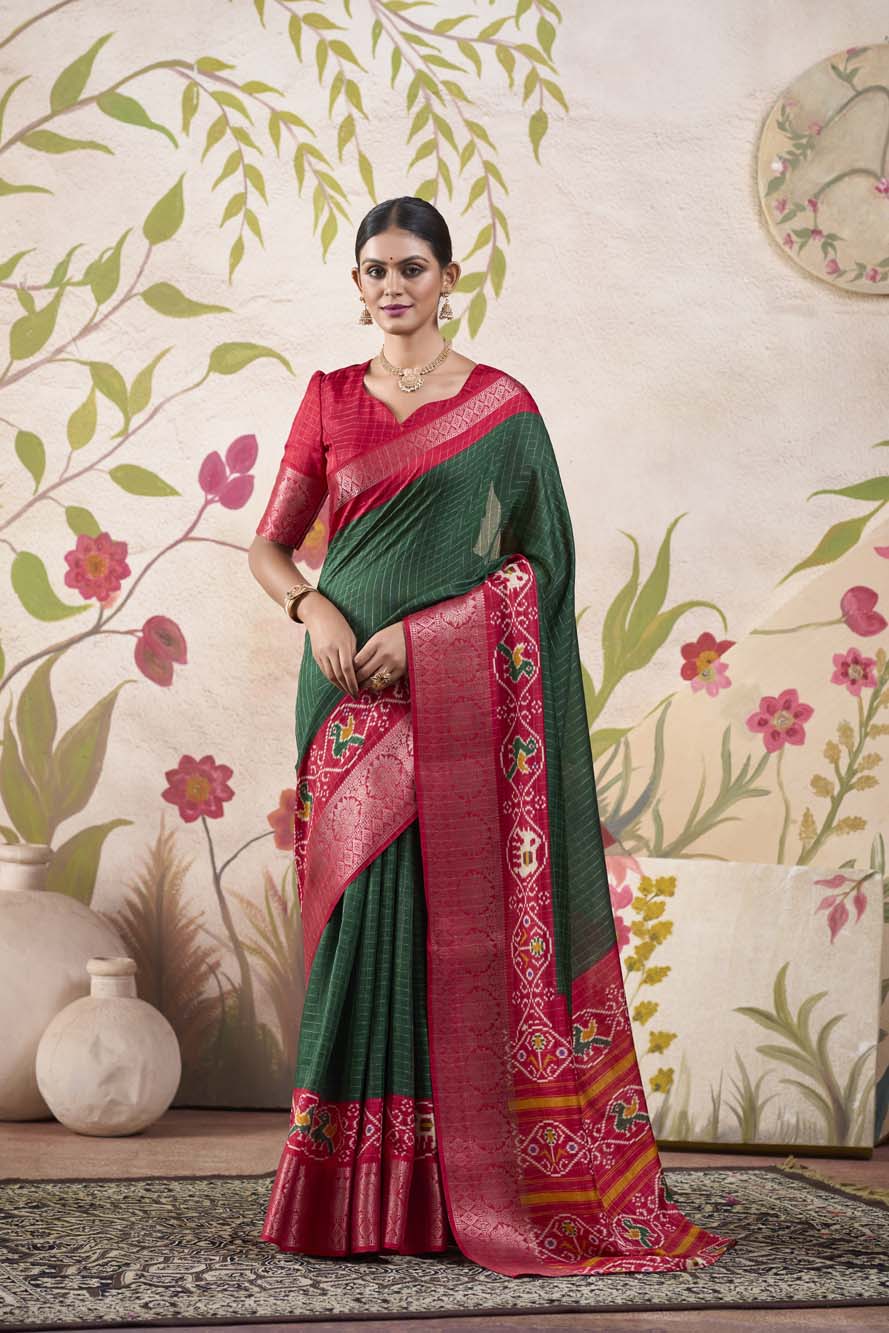 Green Tussar Chex Saree with Patola Print & Weaving Border