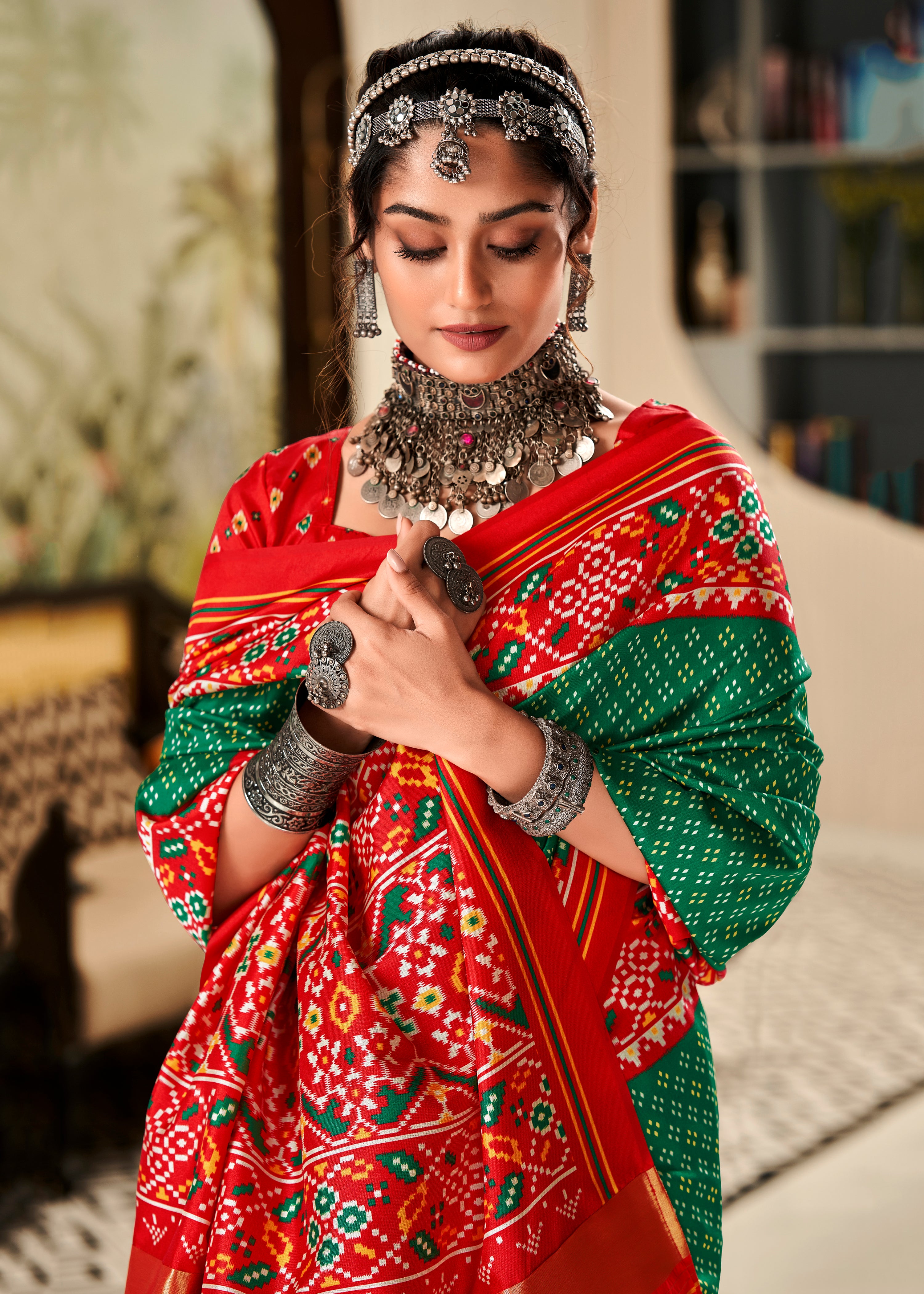 Green Tussar Silk Saree With Patola Digital Print with Lagadi Patta Pallu