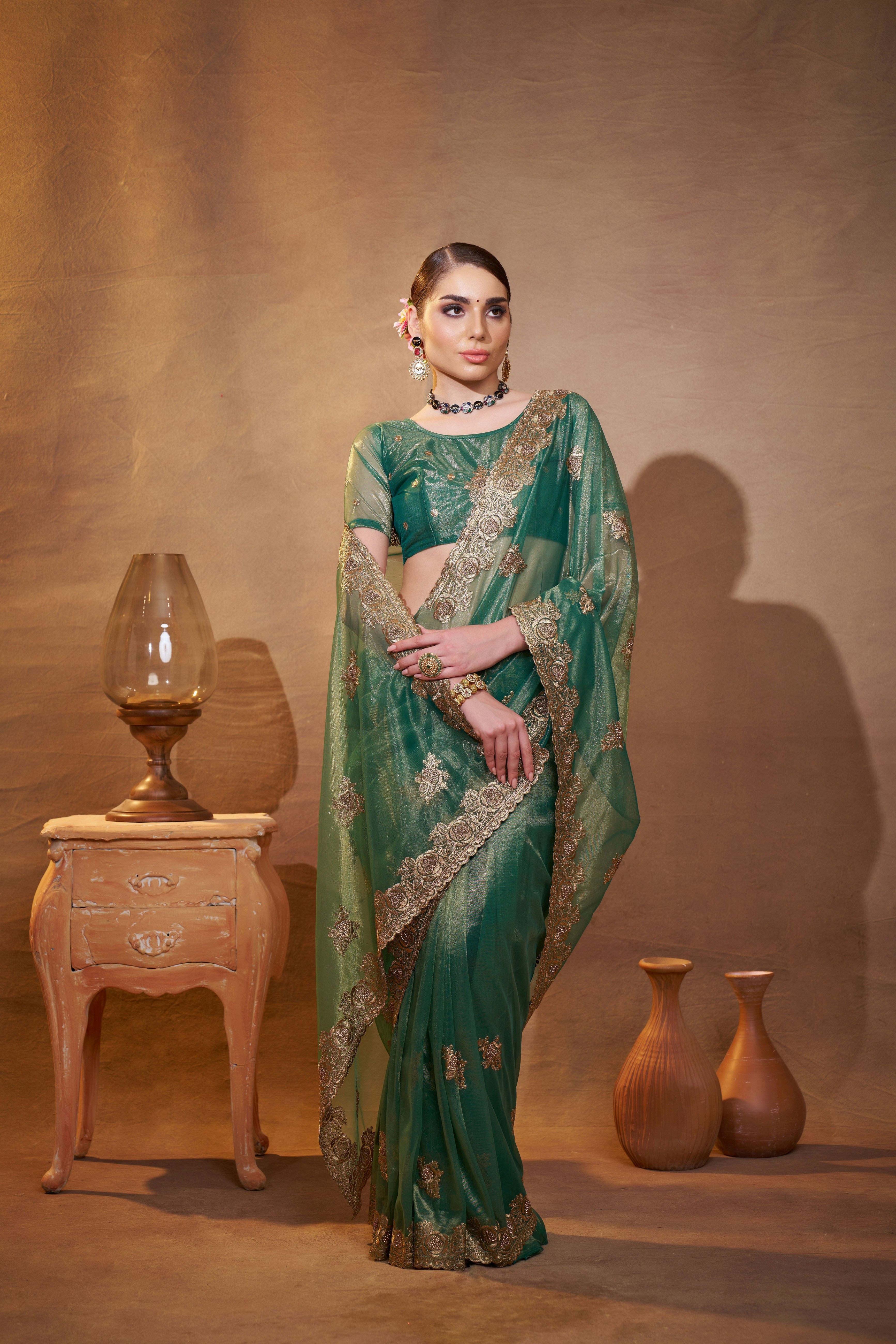 Green Vichitra Silk Designer Embroidery Work Partywear Saree