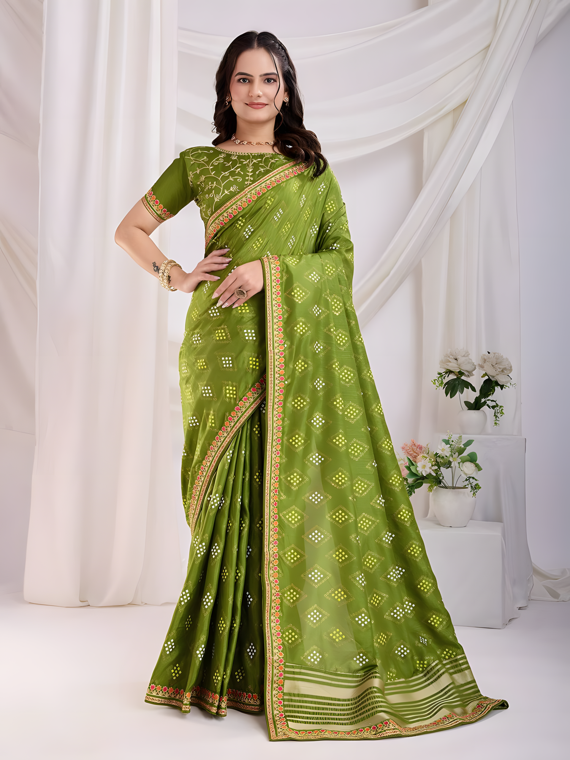 Green Vichitra silk Saree with Golden Foil bandhani print with embroidery work lace