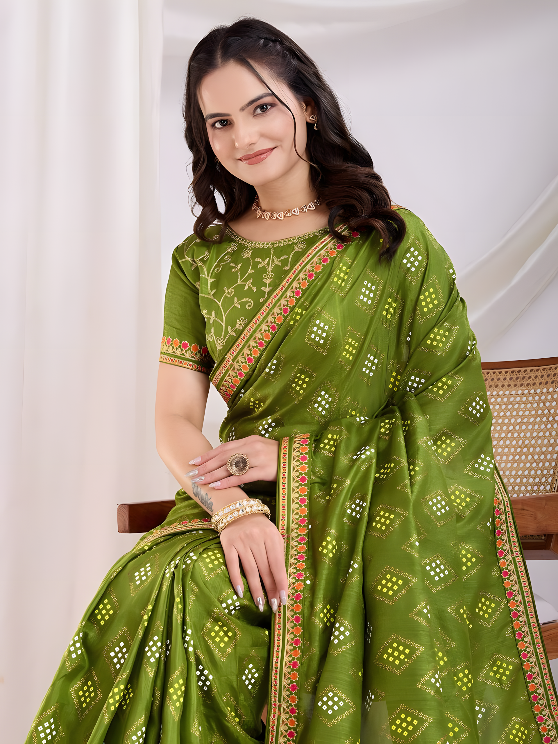 Green Vichitra silk Saree with Golden Foil bandhani print with embroidery work lace