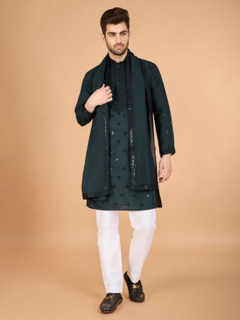 Green Viscose Silk Ethnic Kurta with Dupatta for Ceremonial Look