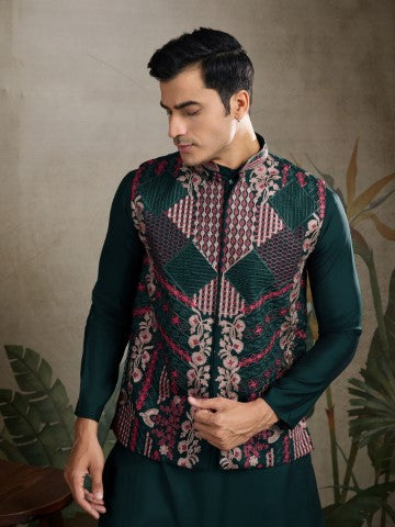 Green Viscose Silk Kurta with Swarovski Embroidery & Jacket
