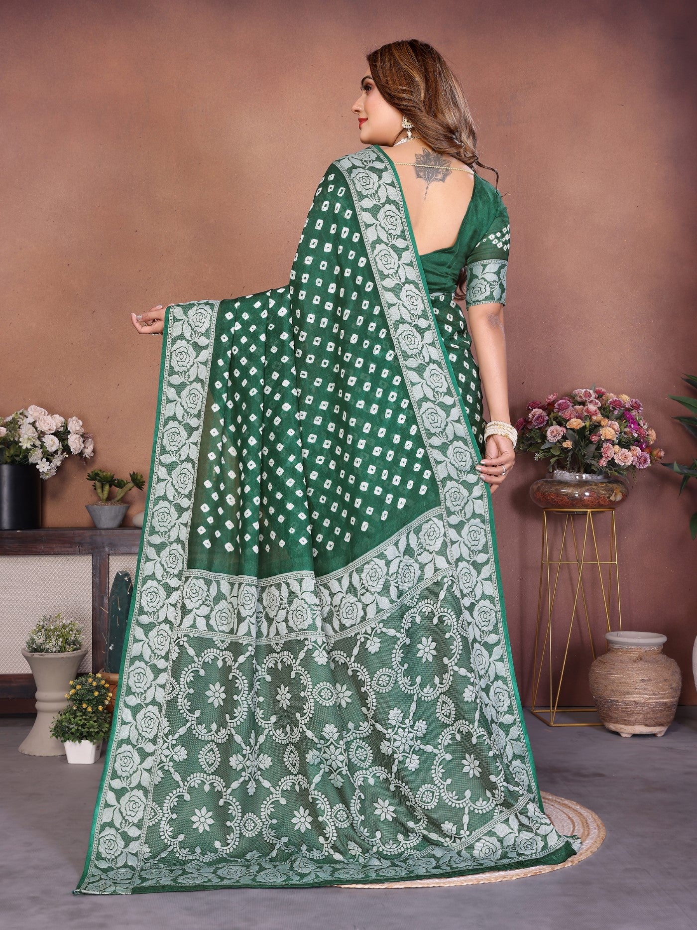 Green Viscose Silk Saree With Handmade Original Bandhej