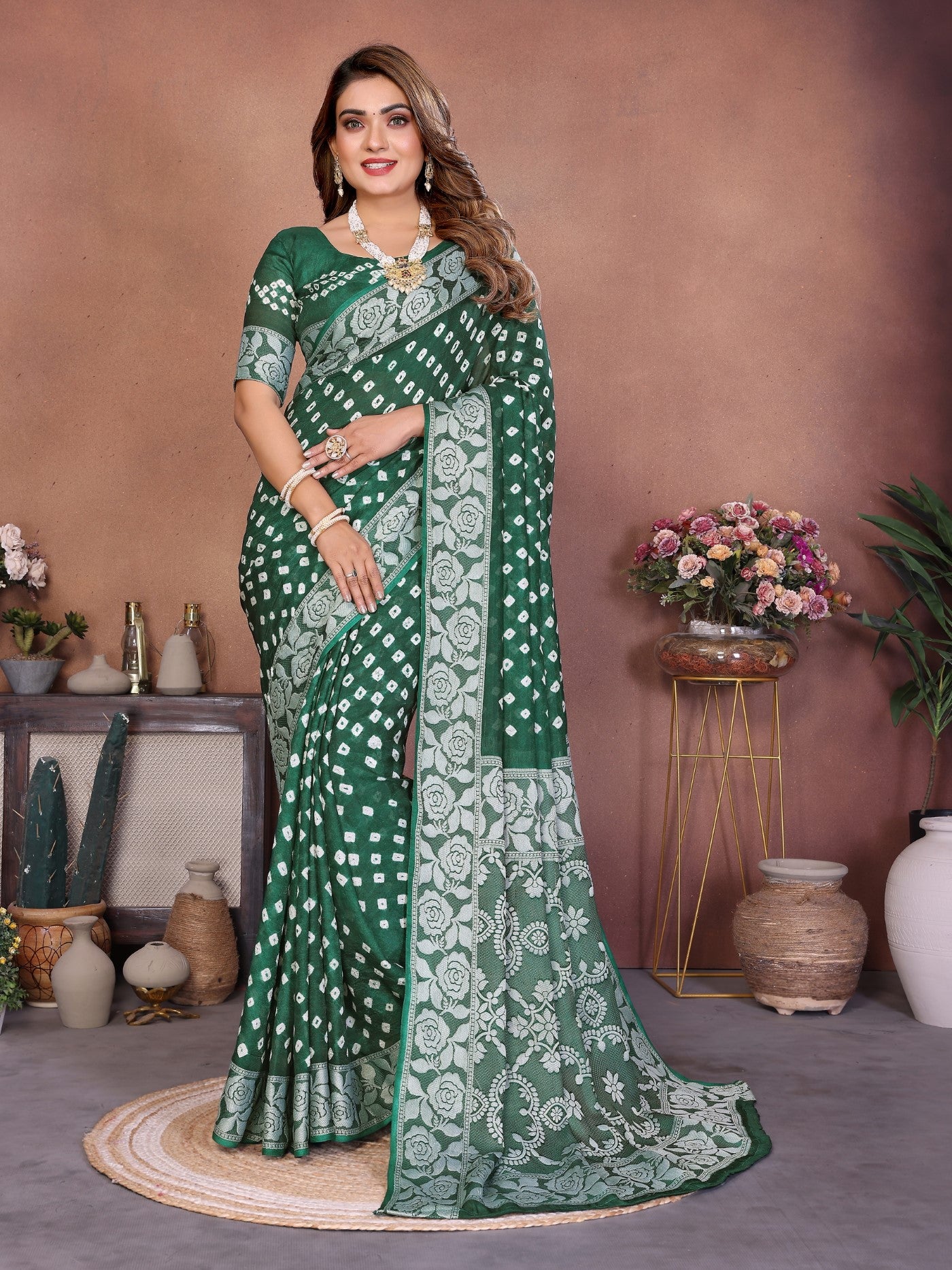 Green Viscose Silk Saree With Handmade Original Bandhej