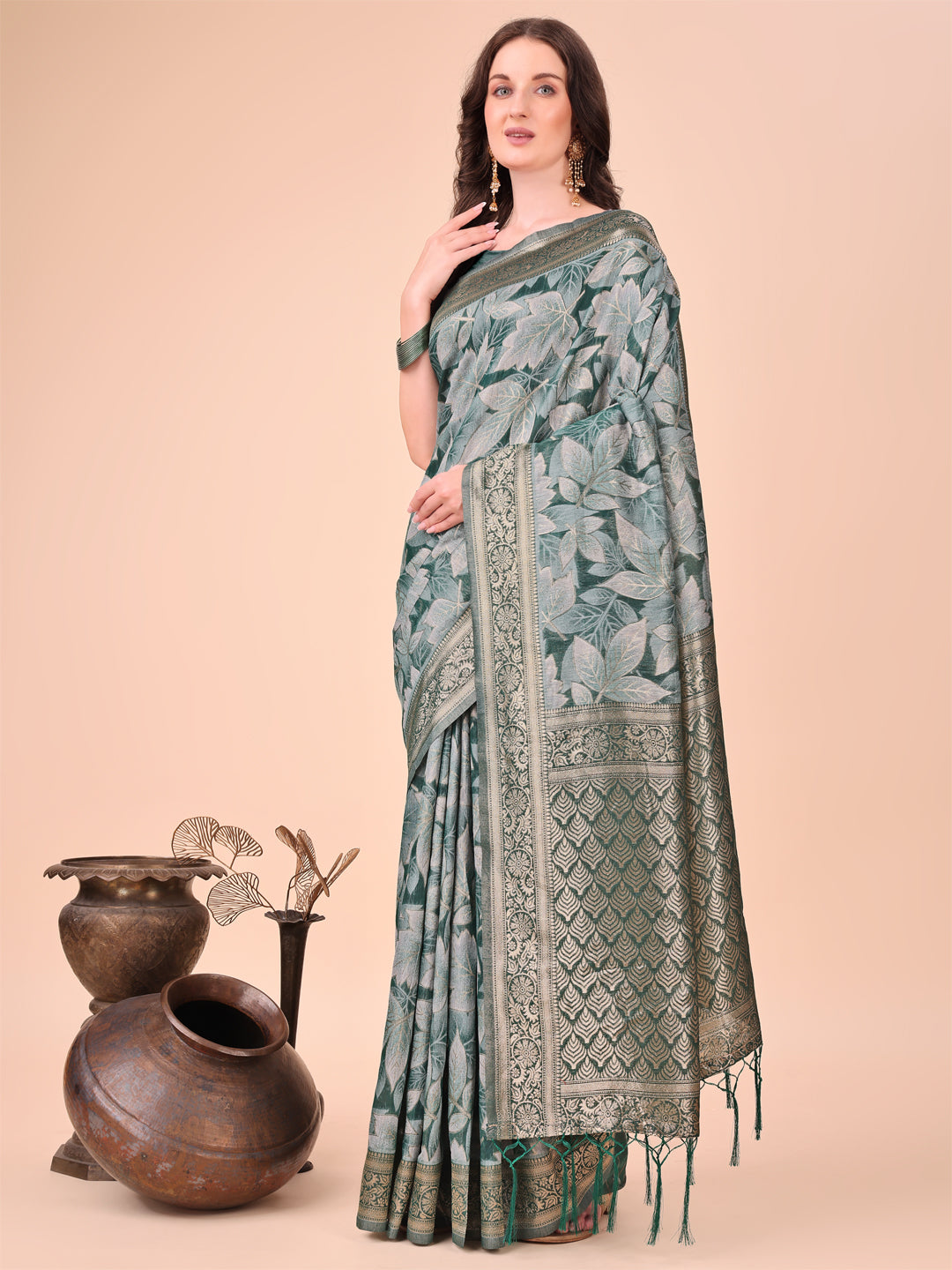 Green Woven Jacquard Designer With Floral Printed Cotton Ceremonial Saree