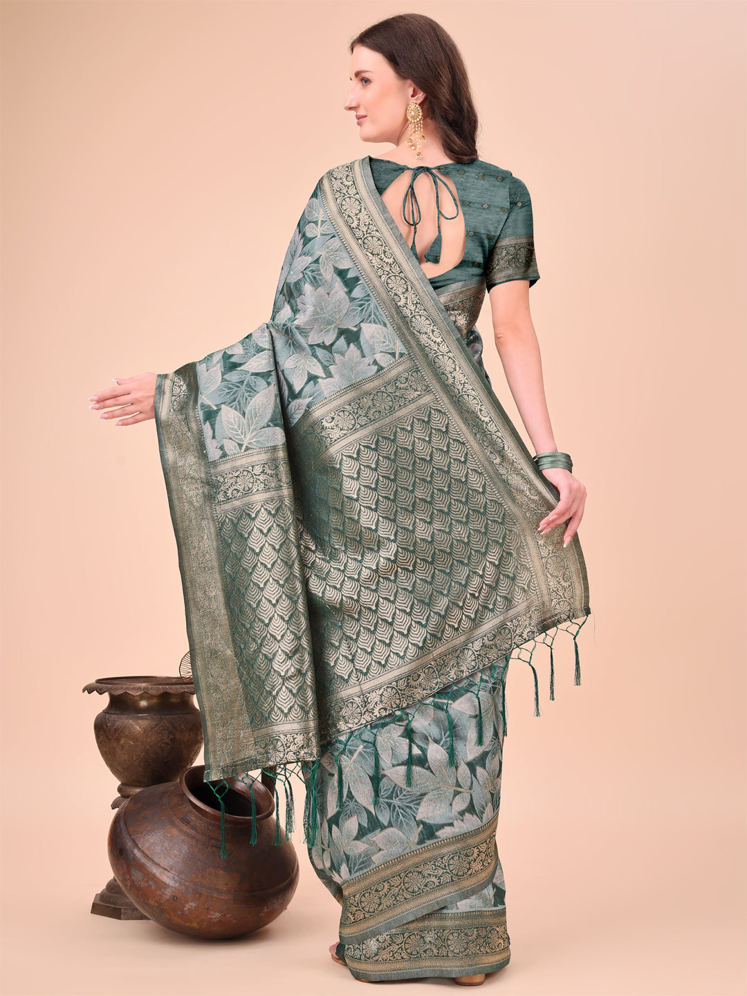 Green Woven Jacquard Designer With Floral Printed Cotton Ceremonial Saree