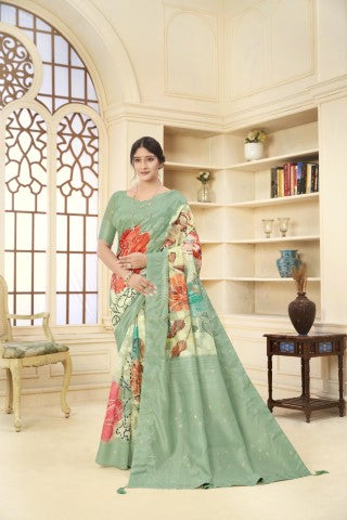 Green Woven Jacquard Designer With Printed Rich Silk Stylish Ceremonial Saree
