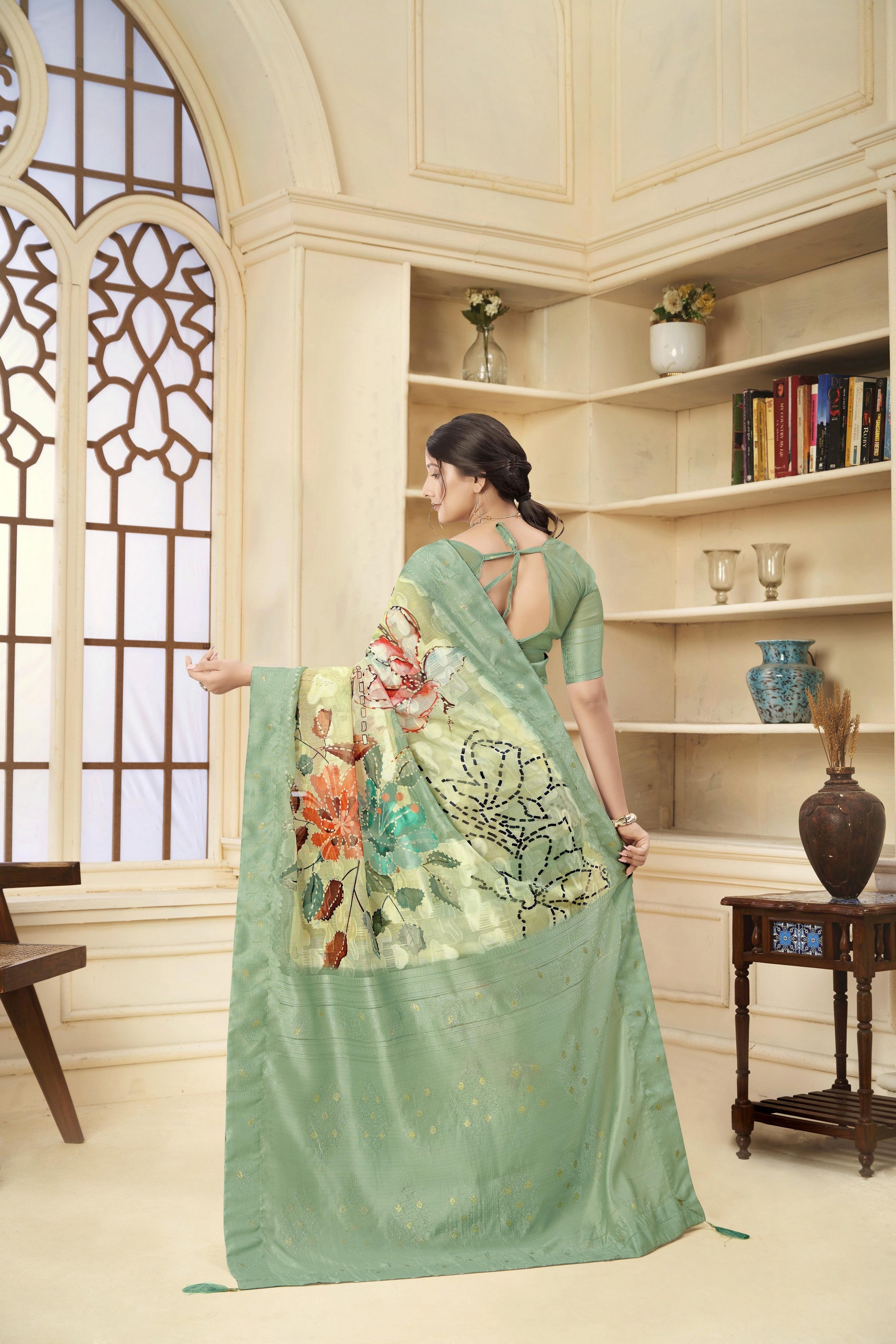 Green Woven Jacquard Designer With Printed Rich Silk Stylish Ceremonial Saree