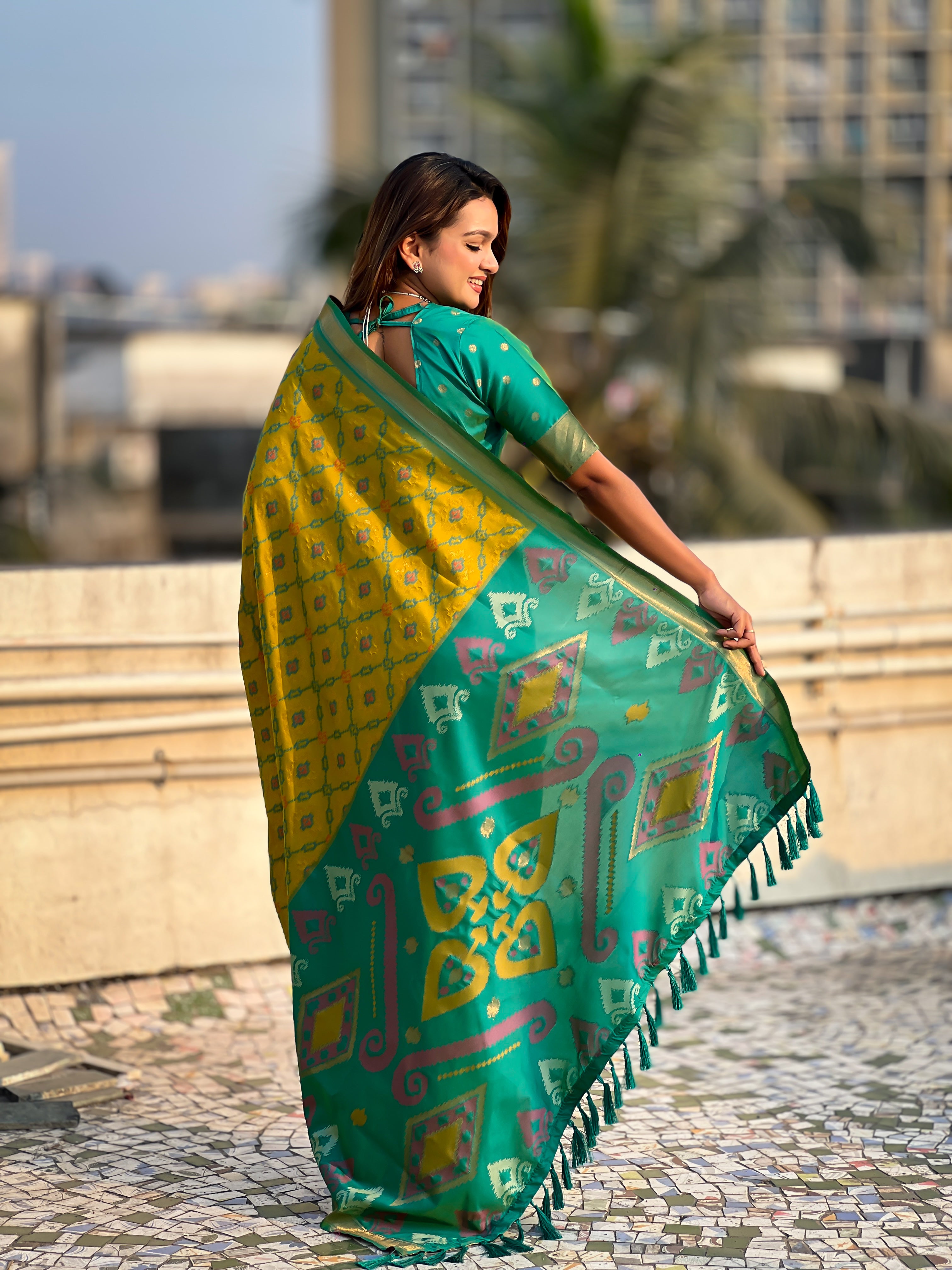 Green Woven Meenakari Ikkat Designer Patola Silk Ceremonial Saree