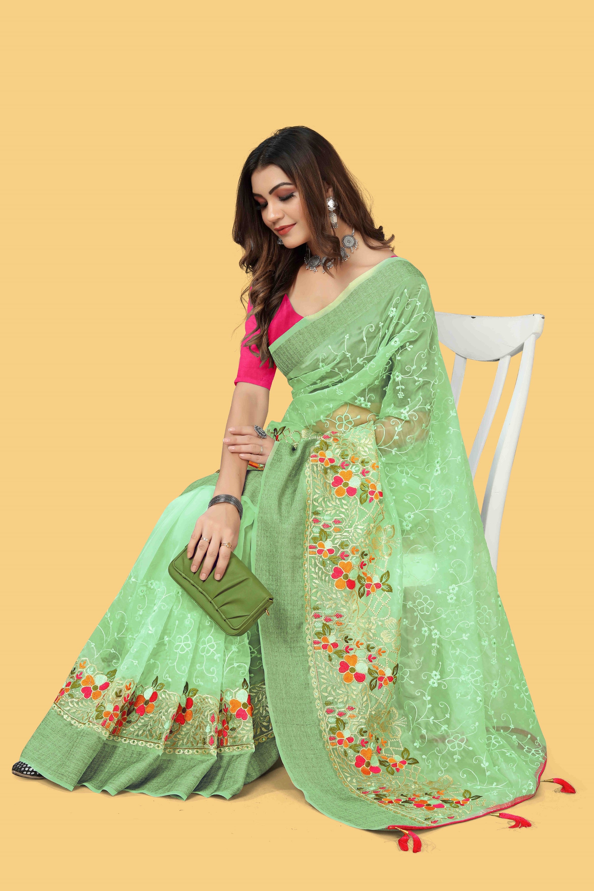 Green Woven Patta Organza Silk Saree With Embroidery And Stone Work